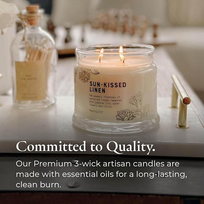 PartyLite Sun-Kissed Linen Scented, Notes of Jasmine Musk, Lily & Citrus, 13.2oz 3-Wick Jar Candle, 45 Hour Burn Time, Luxurious Fragrance, Ideal for Gifting