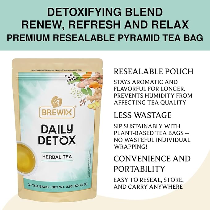 BREWIX, Ayurvedic Detox Herbal Tea Bags (30 Pyramid Tea Bags) Caffeine-Free Herbal Tea | Cleansing Formula with Traditional Ayurvedic Herbs | Supports Digestion, Balance & Daily Vitality