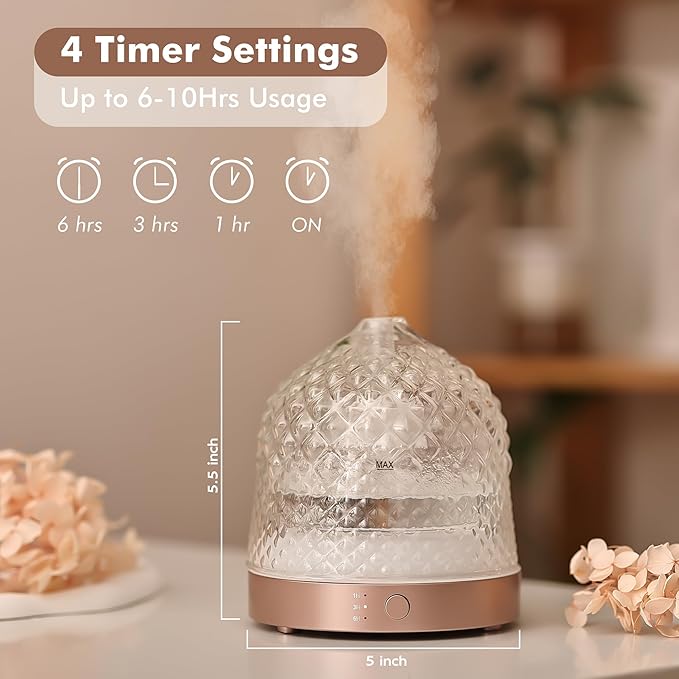 200ml Glass Reservoir Essential Oil Diffuser with Glass Dome Ultrasonic Aromatherapy Diffuser with Four Timer Colorful Light Auto-Off for Home Office Bedroom