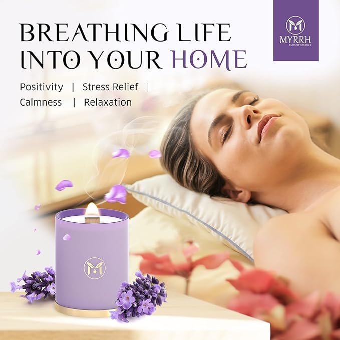 MyrrhUSA Lavender Blossom Scented Candle – 15oz Natural Soy Wax with Crackling Wooden Wick & Essential Oil, 80 Hour Burn | Luxury Aromatherapy Candle for Relaxation, Home Décor, Living Room & Bathroom