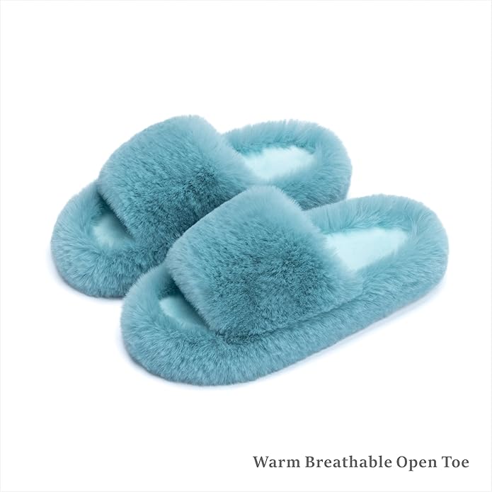 Chantomoo Women's Blue Memory Foam Faux Fur Lined Open Toe Slippers for Women - US 12
