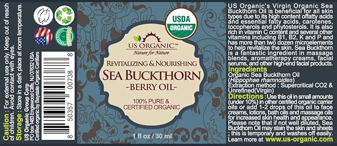 US Organic Sea Buckthorn Berry (Fruit) Oil, Supercritical CO2 extracted, USDA Certified Organic,100% Pure Virgin, Unrefined in Amber Glass Bottle, Face, Hair, spot Treatment, Anti Aging, 1 oz (30 ml)