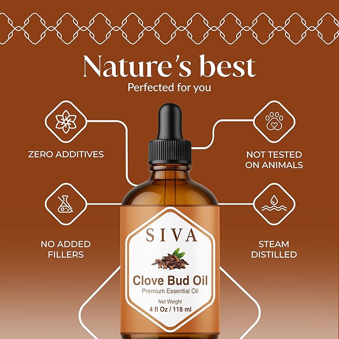 Siva Clove Bud Essential Oil - 4 Fl Oz – 100% Natural Clove Oil - for Diffuser, Face, Skin Care, Aromatherapy, Hair Care, Scalp and Body Massage - with Dropper
