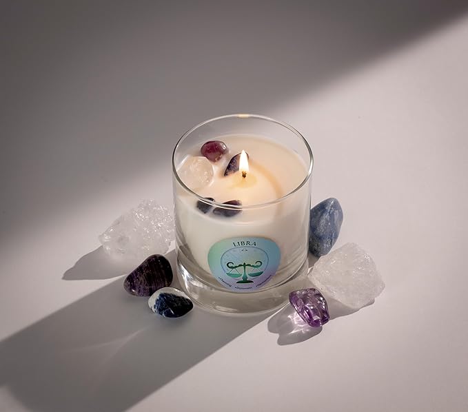 Luxury Glass Jar Candle, Libra Zodiac Sign, 8.8 oz - Crystal Infused - Scents of Marine, Rose, Cedar & Soft Musk - USA Made, Coconut-Soy Wax, Essential Oils, Dr. Developed