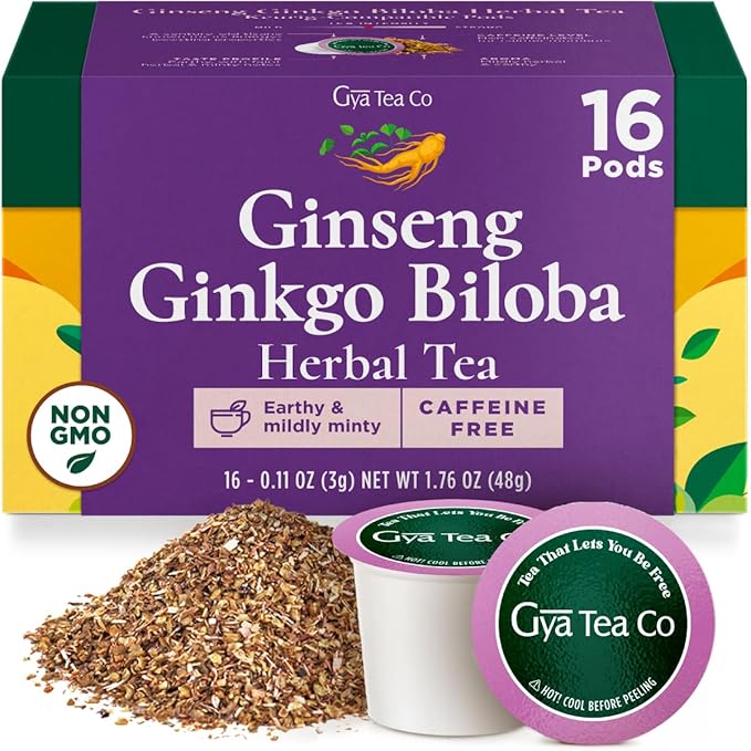 Gya Tea Co Ginseng Ginkgo Biloba Herbal Tea Pod (16 Count)- Decaf Wellness Tea for Body Comfort & Relaxing