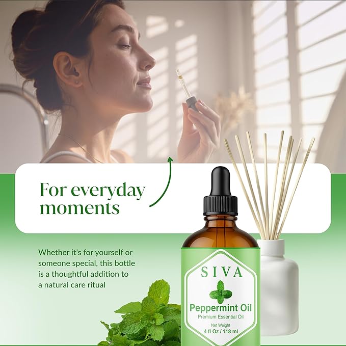 Siva Peppermint Essential Oil - 4 Fl Oz – 100% Natural Peppermint Oil - for Diffuser, Face, Skin Care, Aromatherapy, Hair Care, Scalp and Body Massage - with Dropper