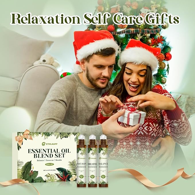 Essential Oils Roll On Set 3 Pack (Breathe, Focus on, Balance) - Essential Oil Blend Stress Relief Gift Aromatherapy Self Care Gift for Women, 3 * 10ml