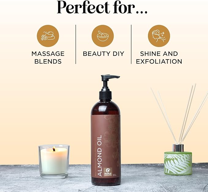 Cold Pressed Sweet Almond Oil - Pure Sweet Almond Oil for Skin Care and Moisturizing Body Oil for Men and Women - Carrier Oil for Essential Oils Mixing for Hair Skin and Nails DIY Beauty Products 16oz