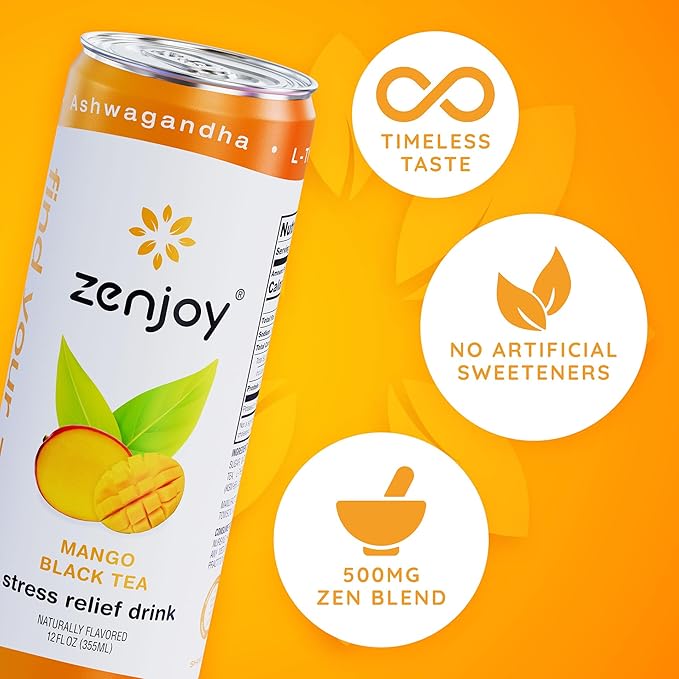 Zenjoy Stress Relief Drink, Calming Green Tea & Black Tea, Non Alcoholic, Ashwagandha & Lemon Balm for Stress Relief, L - Theanine (Variety) (12 Pack)