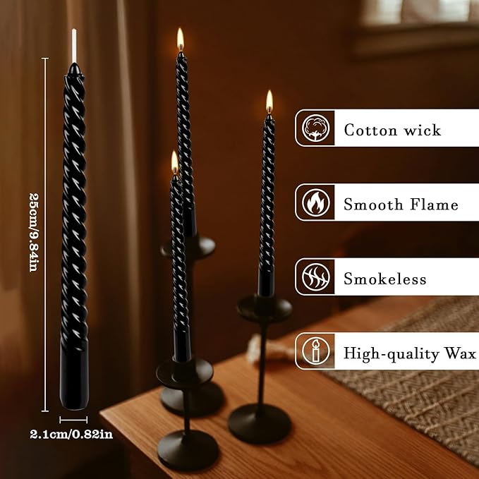 12-Pack 10' Tall Black Spiral Taper Candle Set - Dripless, Smokeless for Halloween&Christmas, Unscented Candlesticks, Dripelss Tapered Candles for Table Rituals,Memorial Prayer Wiccan Rituals.