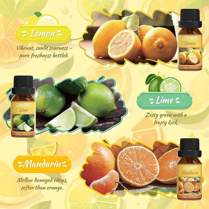 Salubrito Citrus Essential Oils Set for Diffuser, Fragrance Oil | Sweet Orange, Bergamot, Lemon, Grapefruit, Mandarin Orange, Lime Scented Oil for Soap Making, Candle Making