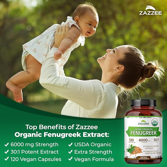 Zazzee USDA Organic Fenugreek 30:1 Extract, 6000 mg Strength, 120 Vegan Capsules, 4 Month Supply, Standardized and Concentrated 30X Extract, 100% Vegetarian, All-Natural and Non-GMO (Pack of 2)