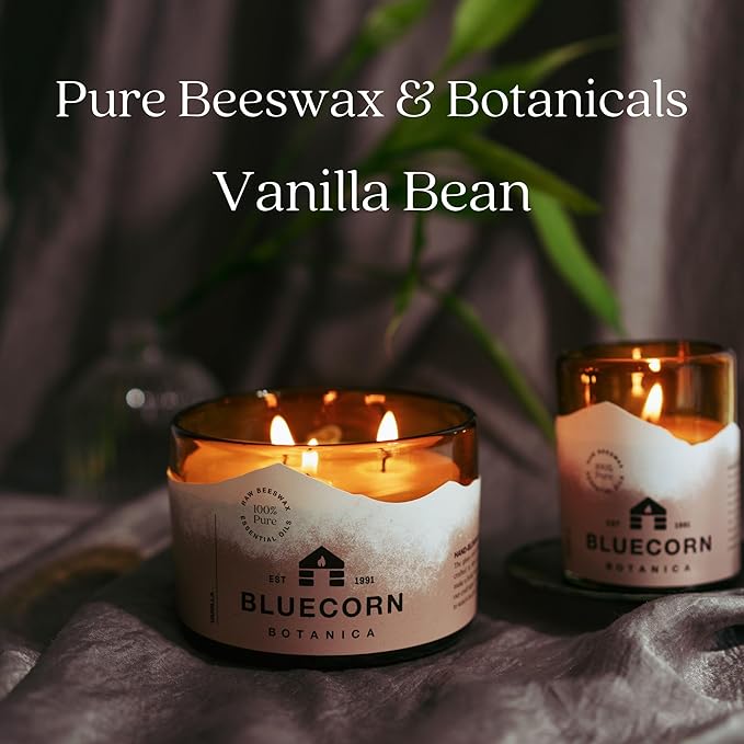 Bluecorn Beeswax Large 3-Wick Candle, 100% Pure Beeswax & Vanilla Essential Oil, Amber Glass, Soy Free, Clean Burning Candle Wax, Long Lasting, Home Decor, American Made, 8 Oz, 1 Count