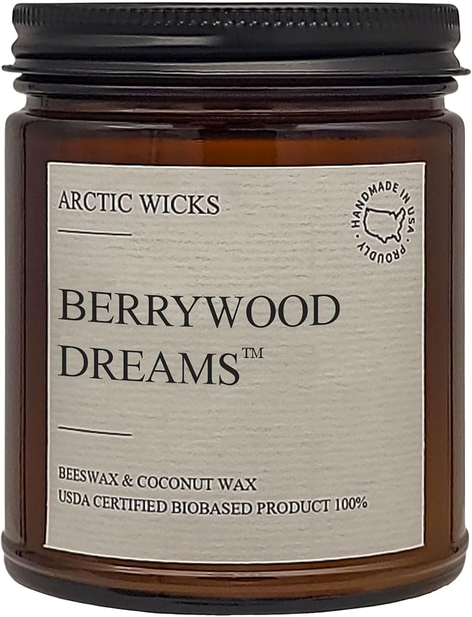 Arctic Wicks Scented Coconut Beeswax Candles | Coconut Beeswax Non Toxic Candle 9oz Amber | Farmhouse Candles Non-Toxic Clean Burn 100% USDA Certified Biobased (Berrywood Dreams)