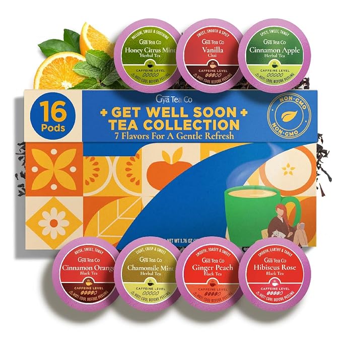 Gya Tea Co Get Well Soon Tea Pod Collection Gift Set (16 Count) - Different Flavors Assorted Variety Pack