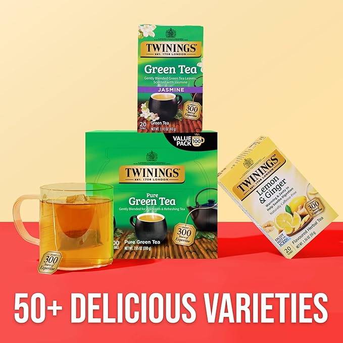Twinings Pure Green Tea Individually Wrapped Bags, 100 Count (Pack of 1), Smooth & Refreshing, Caffeinated, Enjoy Hot or Iced, 100 Teabags
