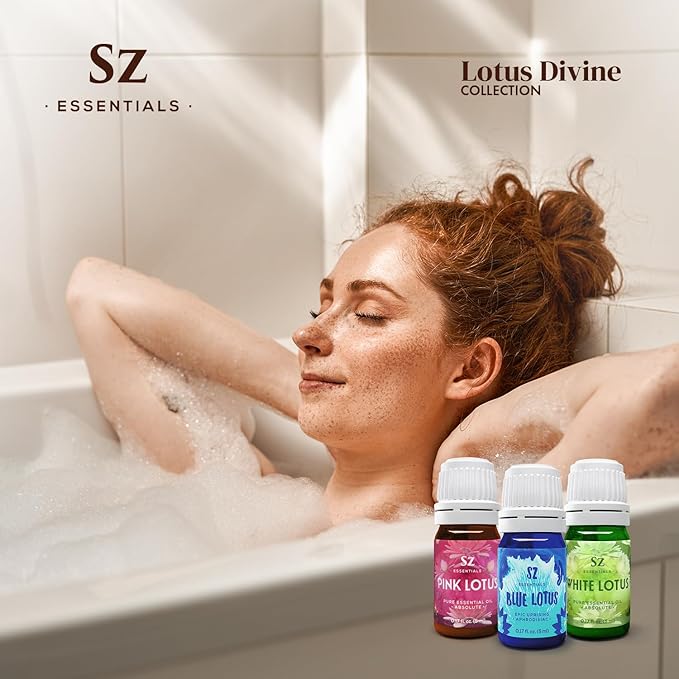 Lotus Divine Essential Oil Collection - Blue, Pink, White Lotus - Set of 3 Bottles (0.17 Fl Oz - 5ml Each) - 100% Pure, Natural & Undiluted - Therapeutic Grade & Vegan