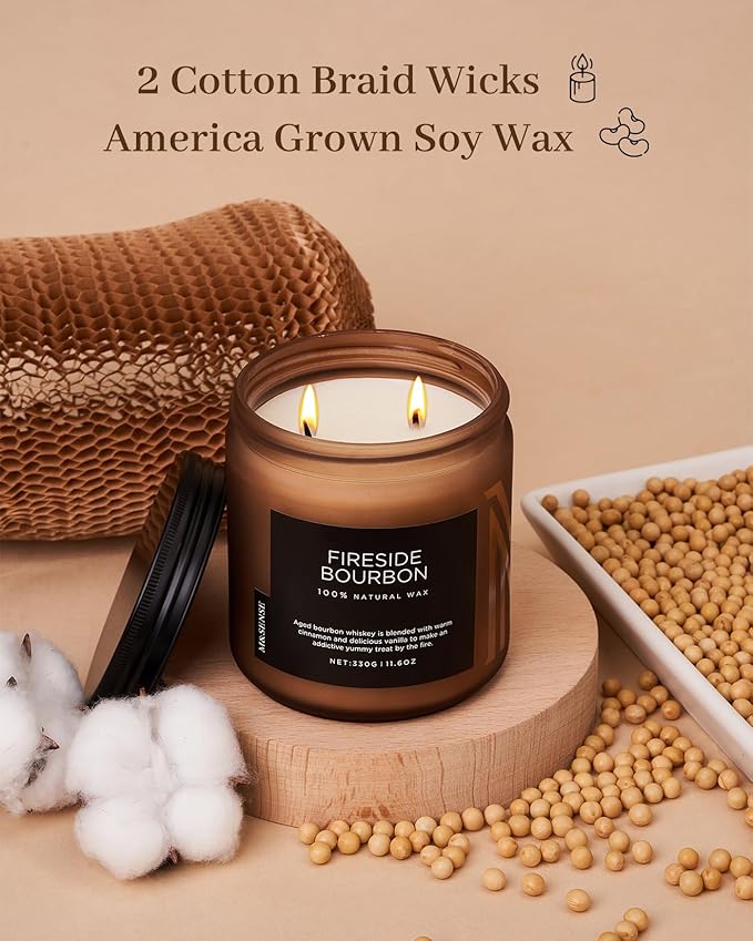 M&SENSE Fireside Bourbon Jar Candle, 11.6oz Clean Soy Wax Up to 70 Hours Burn Time Smoky Scent 2 Wick Cotton Fall Campfire Scented Candle for Home Decor Housewarming Gifts for Bathroom Office