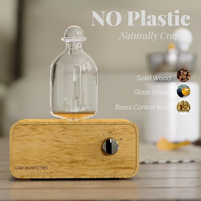 Aria Waterless Diffuser for Essential Oils, Retro Glass Nebulizing Diffuser with Solid Wood Base, Cordless Aromatherapy Dispenser for Large Room, Rechargeable for Home Office Yoga, LED & Timer
