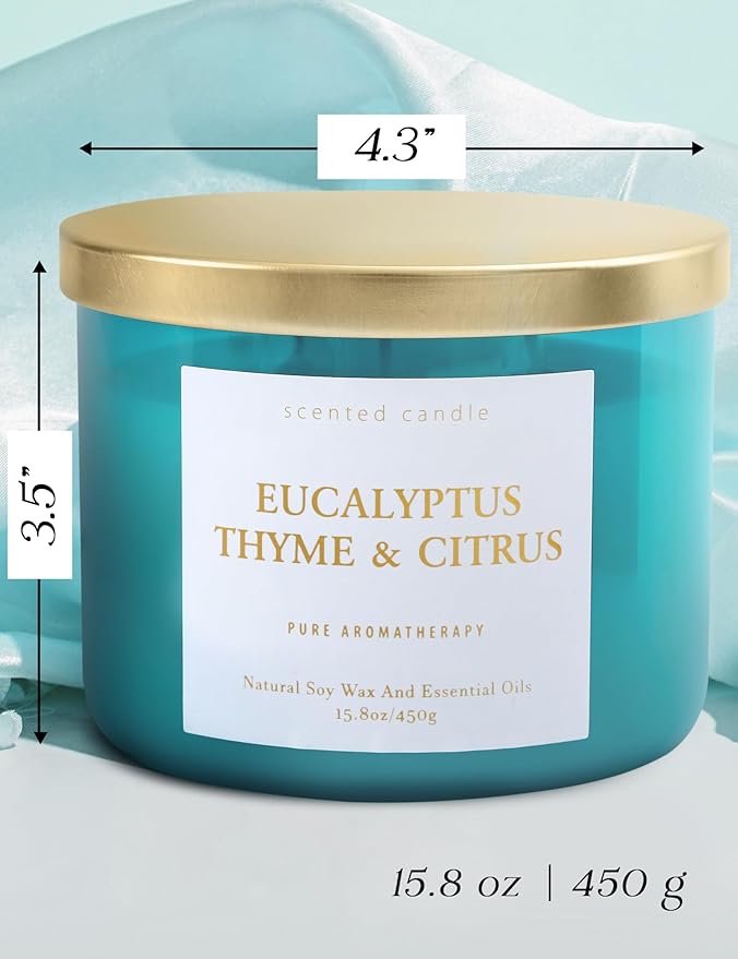 Eucalyptus Thyme Citrus 3-Wick Soy Scented Candle, 15.8 oz Large | Scented Candles for Home | Spa Aromatherapy Eucalyptus Candle