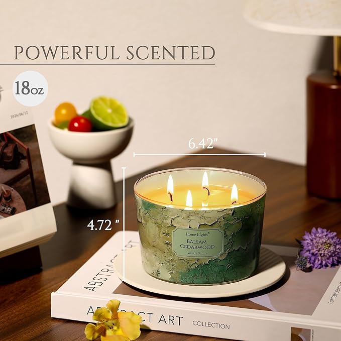 HomeLights Balsam Cedarwood Scented Candles | 18oz Soy Candles Industrial Chic 4-Wick Large Candle Jars | Ideal Candle Gifts for Events, Home Decor Stress, Relief & Relaxation