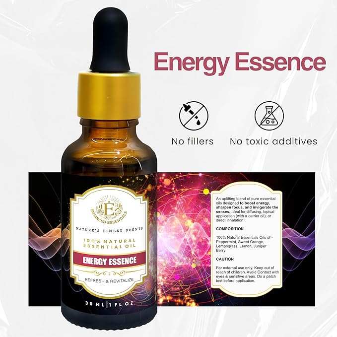 Essential Oil Blend for Energy, Focus & Mood by Enhanced Essentials – 100% Pure, Slow-Distilled|Aromatherapy for Diffuser, Massage & Shower|Uplifting Citrus & Mint Notes|1 fl oz (30 ml)