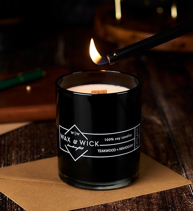 Wax & Wick 12oz Scented Candle for Men, 100% Soy Wax, Double Wood Wick, Black Jar, Teakwood Mahogany Scent, Long Lasting, Masculine Scents, Perfect for Home, Mancave, Bachelor Pad, Men's Gift - USA