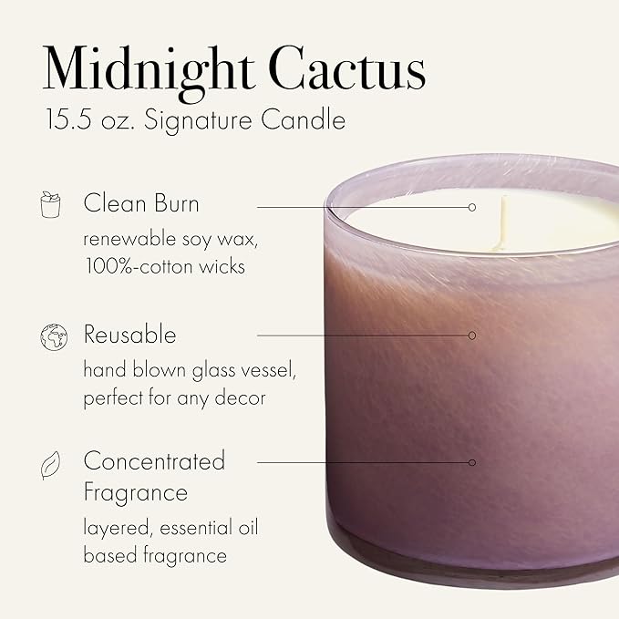 LAFCO New York Signature Candle, Midnight Cactus - 15.5 oz - 90-Hour Burn Time - Reusable, Hand Blown Glass Vessel - Made in The USA