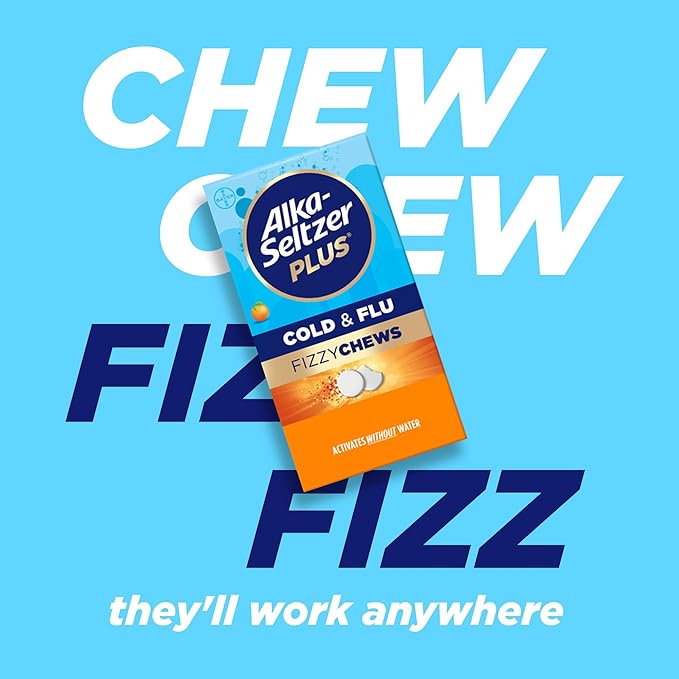 Alka-Seltzer Plus Cold & Flu FizzyChews, No Water Needed, On The Go Cold Medicine for Adults, Orange Flavor, 16 Count