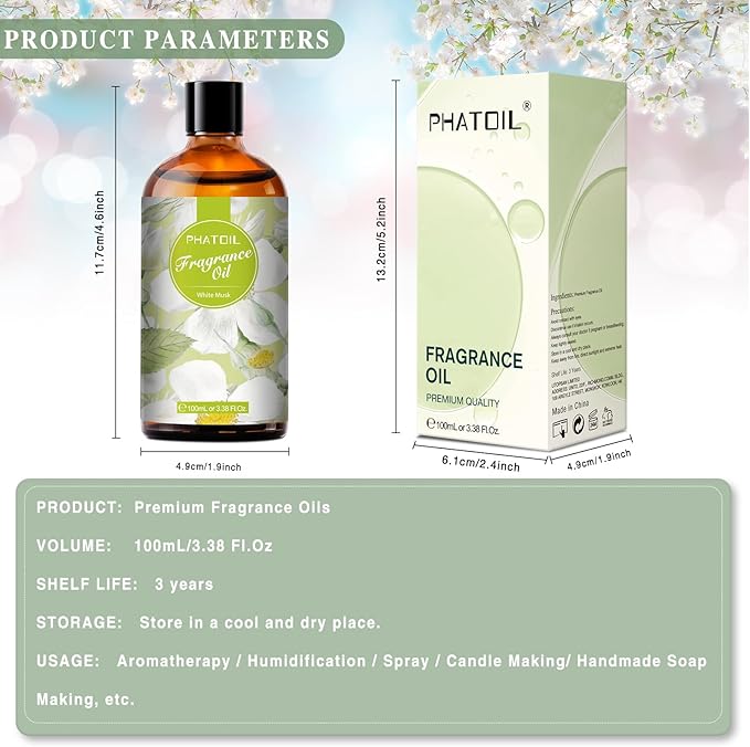 PHATOIL 3.38FL.OZ White Musk Fragrance Oils for Aromatherapy, Essential Oils for Diffusers for Home, Perfect for Diffuser, DIY Candle and Soap Making, DIY Scented Products - 100ml