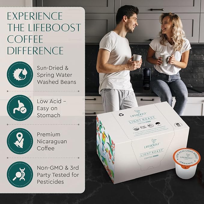 Lifeboost Light Roast Low Acid Coffee Pods - Single Origin Non-GMO Organic Coffee K Cups - Compatible with Keurig & Keurig 2 Machines - 10 Count