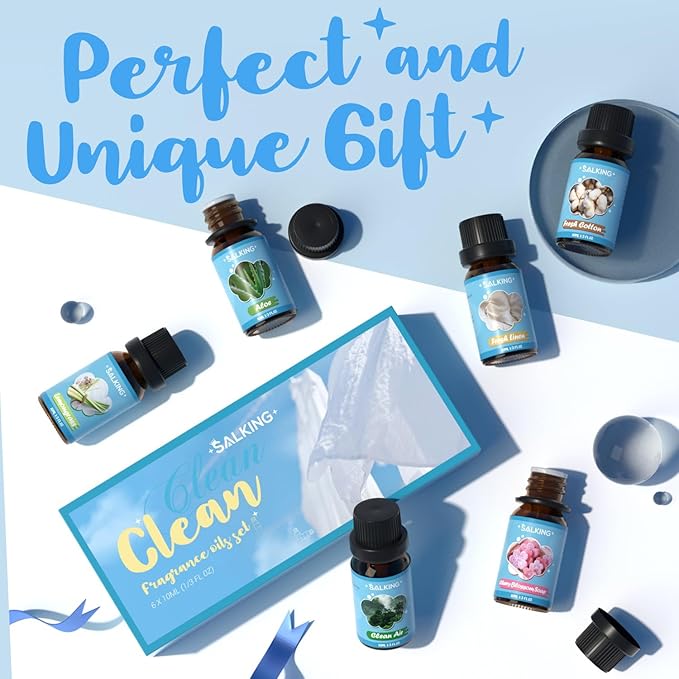 SALKING Clean Fragrance Oils, Premium Essential Oil for Diffuser, Scented Oil Gift Set for Soap Candle Making - Lemongrass, Fresh Cotton, Fresh Linen, Cherry Blossom Soap, Clean Air, Aloe