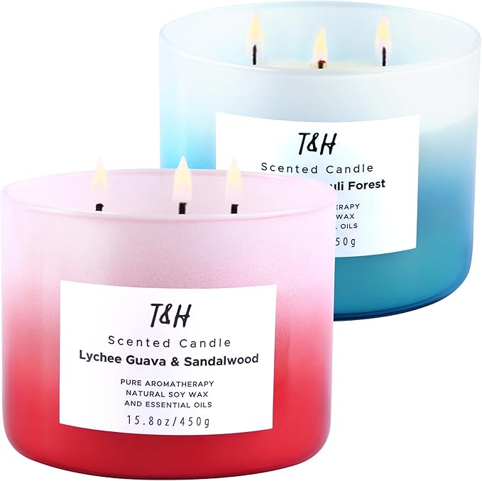 T&H Lychee Guava & Sandalwood 3 Wick Scented Candles, Citrus Patchouli Forest Aromatherapy Soy Candles, 2 x 15.8 Oz