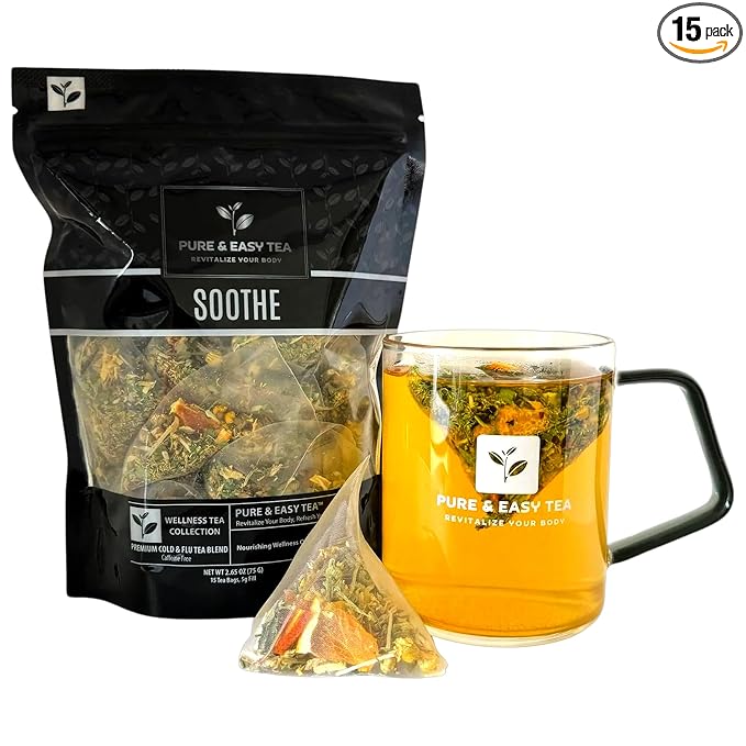 Pure And Easy Tea, Soothe Cold & Sore Throat Relief Tea, Whole-Leaf Herbal Blend with Echinacea, Eucalyptus & Ginger, 15 Large Plant-Based Pyramid Tea Bags (75g)
