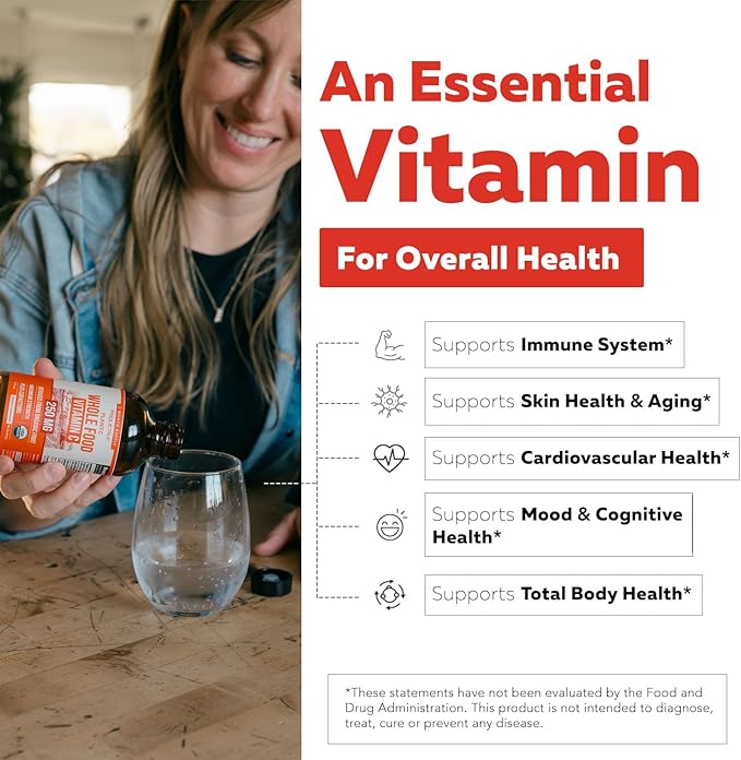 Organic Vitamin C Liquid - 250 mg | Whole Food Vitamin C Supplement from Fruit Plus Absorption Cofactors, Rutin & Citrus Bioflavonoids - Immune & Antioxidant Support, Total Health (96 Servings)