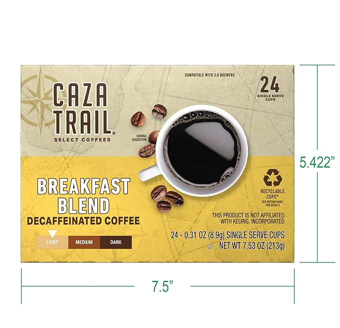 Caza Trail Coffee Pods, Decaf Breakfast Blend, Single Serve (Pack of 24) (Packaging May Vary)