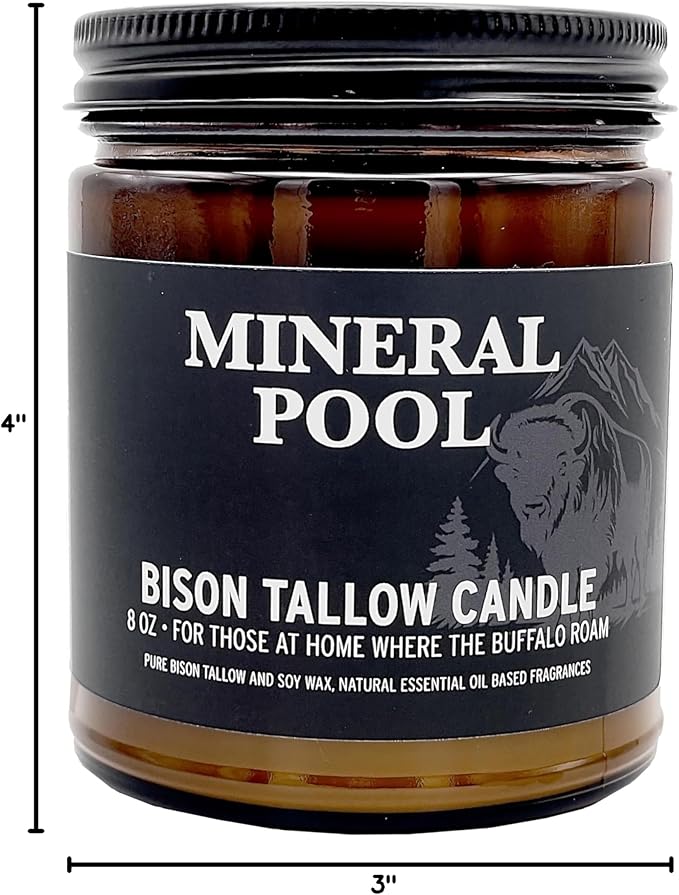Big Crazy Buffalo Pure Bison Tallow Scented Candle, Mineral Pool, 8 oz - Scents of Himalayan Sea Salt, Moss, & Freesia - Pure, Low Smoke, Beeswax, Traditional Tallow, Glass Jar