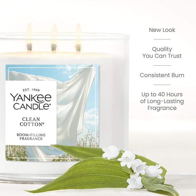 Yankee Candle Clean Cotton, Scented Candle, 14.5oz 3-Wick Candle Jar with up to 40 Hours Burn Time, Giftable
