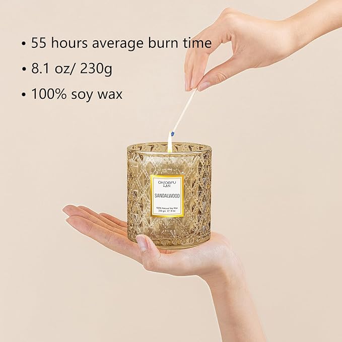 Chloefu LAN Sandalwood Candle, Dad Gifts Candle, Natural Soy Scented Candles for Stress Relief, 55 Hours Lasting Burning, Great Gift for Women & Men