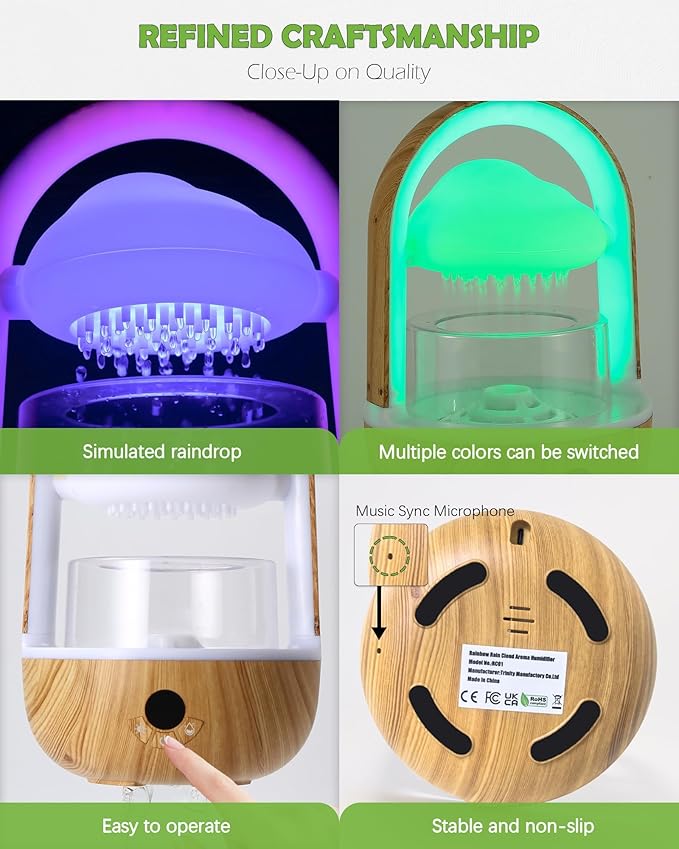 Aromatherapy Essential Oil Diffuser Rainbow Rain Cloud Humidifier Water Drip Mushroom Diffuser with Running Lights & Rain Sounds for Sleeping - Tabletop Water Fountain & Night Light