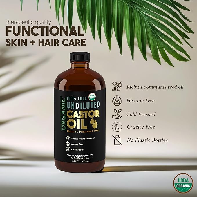 BALM OF GILEAD Organic Castor Oil for Skin Hydration - Therapeutic Cold Pressed, USDA Certified 100% Pure, Glass Bottle - 16 oz Unrefined, Hexane Free, Castor Oil for Hair & Eyelashes Growth