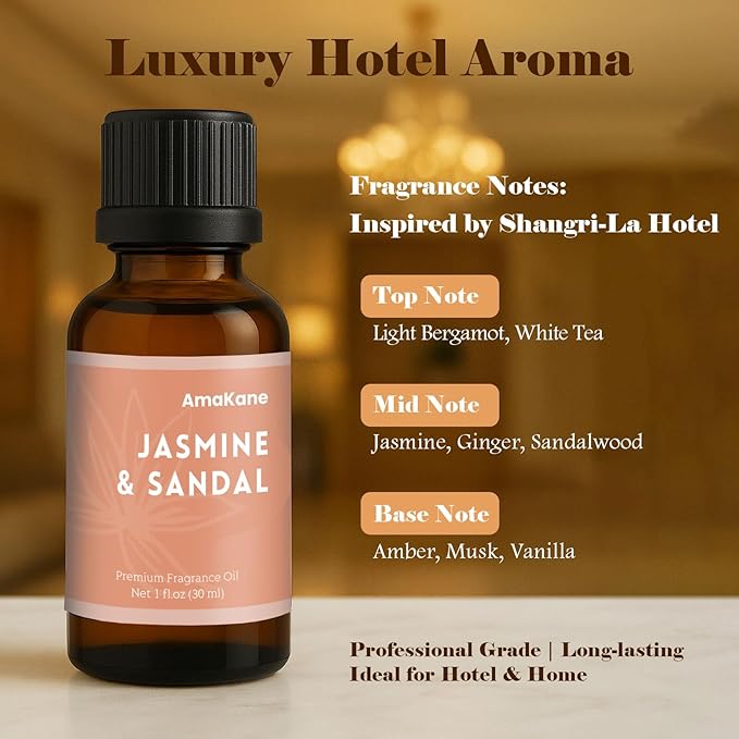 AmaKane Jasmine& Sandal Hotel Fragrance Oil 30ml, Inspired by Shangri-La Essential Oil, Premium Diffuser Oil for Home, Long-Lasting Aromatherapy Oil, Candle & Soap Making Scents