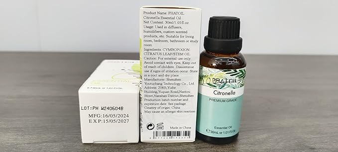 Citronella Essential Oil 1.01fl.oz/30ml, PHATOIL Premium Citronella Oils Long Lasting Scents for Aromatherapy, Diffuser, DIY Soap and Candle Making