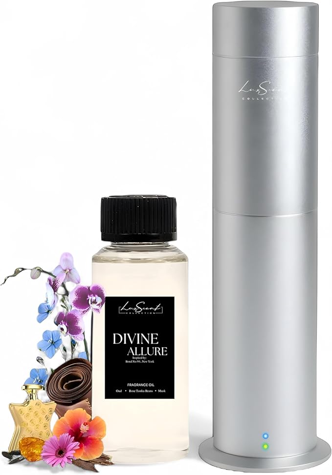 Aroma Scent Diffuser Starter Kit for Up to 1000SQ. FT. Coverage - 120ML Waterless Essential Oil Scent Included - Luxury Aroma Diffuser Ideal for Home, Office & Hotel (Silver, Divine Allure)