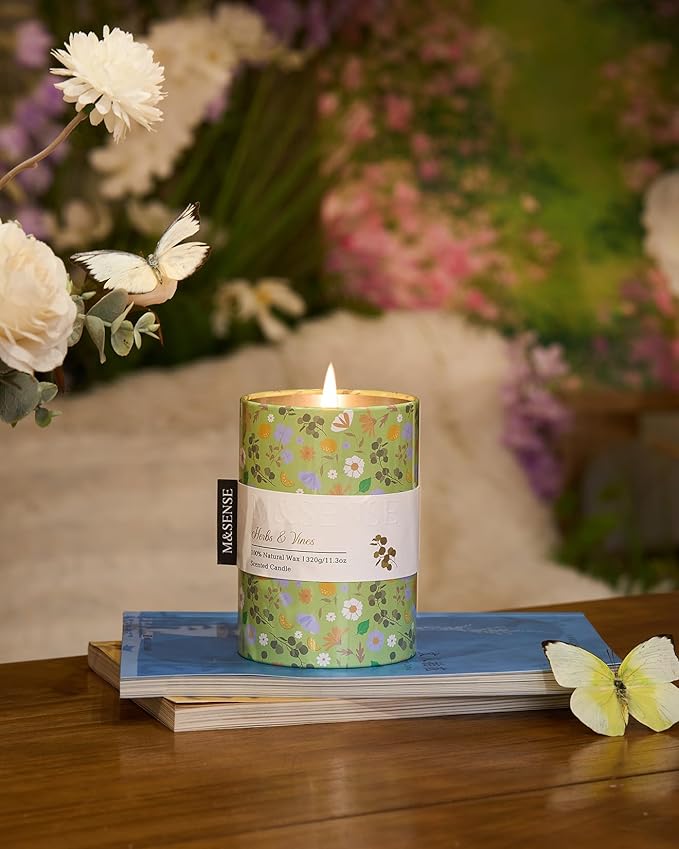 M&SENSE Herbs Vines Scented Candle, Medium Jar Candle 11.3oz Natural Soy Wax for Home Scented, Floral Candles Gift for Spring Holiday, Up to 70 Hours Burning Long-Lasting Fragrance