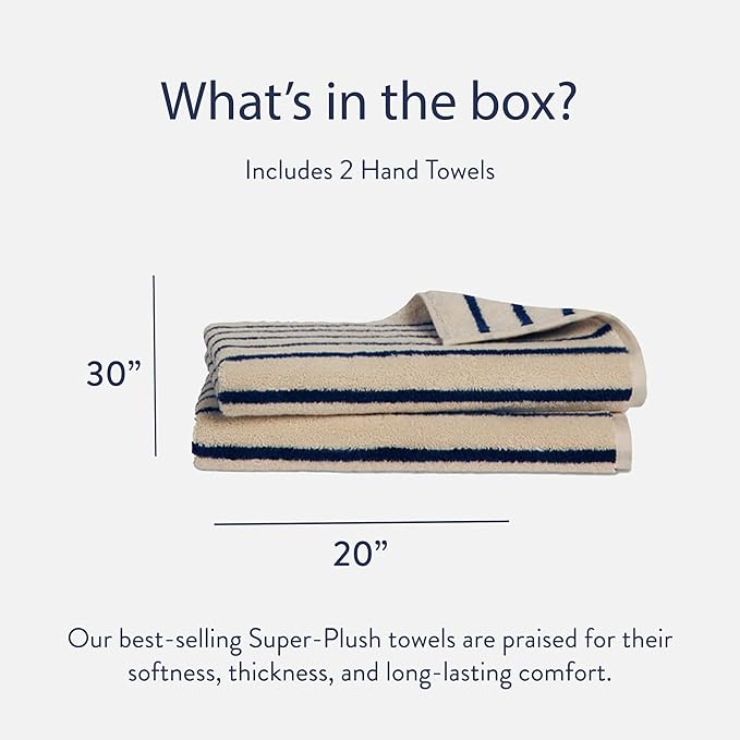 Brooklinen Super-Plush Turkish Cotton Hand Towels - Set of 2 - Cotton, 820 GSM, Highly Absorbent, Machine Washable, Perfect for Home & Bathroom (20" x 30", Striped Navy)