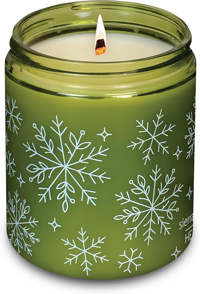 Hemlock Park Green Glass Wood Wick Candle Handcrafted with Natural Coconut Wax (Standard 8 oz, Sierra Solstice)