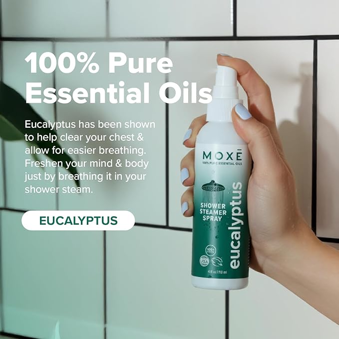 MOXĒ Eucalyptus Oil Shower Mist, Spa Steam Spray, Certified Natural 100% Essential Oils, Made in USA, Aromatherapy, Sinus Congestion Relief, Tension Relief, 4 Ounces