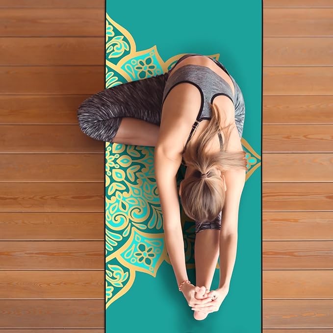 Colorful Star Yoga Towel with Corner Pockets, Non Slip Grip Dots Sweat Absorbent Hot Yoga Mat Towels, Yoga Blankets with Travel Bag, Mat Cover for Workout, Gym, Fitness - 70"x26", Turquoise Mandala