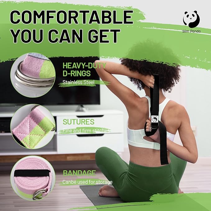 Slim Panda Yoga Strap for Stretching,Cotton Yoga Strap with Adjustable D-Ring Buckle,Non-Elastic Yoga Belt for Pilates,Gym Workouts,Physical Therapy,Improve Flexibility